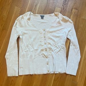 Ann Taylor White Ruffled Button-up Silk Blend Cardigan Sweater
